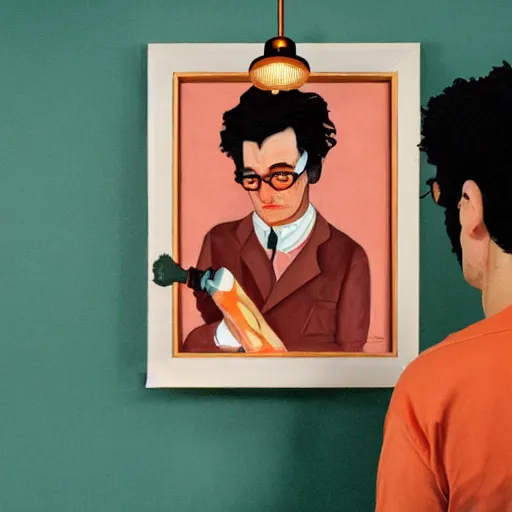 Image similar to a wide angle fine art painting of man with black hair using a weed grinder, rolling papers and a table lamp, high contrast, inspired by the styles of wes anderson, and egon schiele and ( edward hopper ), toned orange and pastel pink