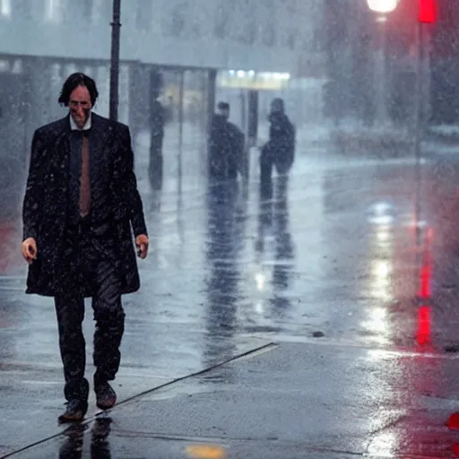 Prompt: keanu reeves walking in the rain on a reflective city street near a red flashing street light, highly detailed face and reflections misty dark close up photograph