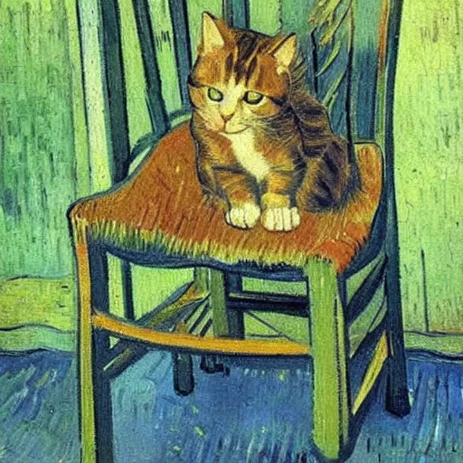 Image similar to cat sitting in a chair. oil painting by vincent van gogh.