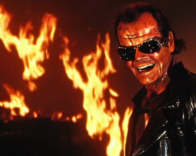 Image similar to Jack Nicholson plays Terminator wearing leather jacket and his endoskeleton is visible, walking out of flames