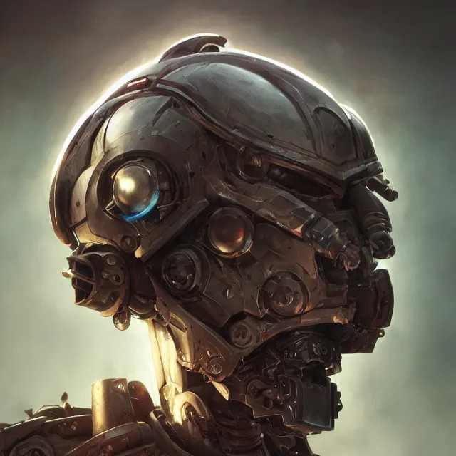 Image similar to hyper realistic portrait of warhammer android machine symmetric cinematic, chaos marine, artstation, cgsociety, full head, greg rutkowski, james gurney, mignola, craig mullins, brom