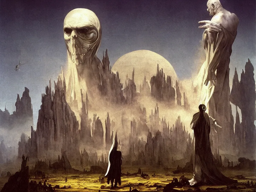 Prompt: Strange old man with white cloth on an alien planet dominated by giant beetles. Thick gothic cathedral smoke. Surreal, melancholic. Painting by Caravaggio, Caspar David Friedrich, Roger Dean