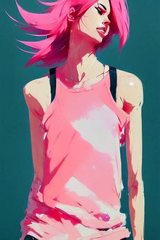 Image similar to a ultradetailed beautiful painting of a stylish woman in a pink tank top, by conrad roset, greg rutkowski and makoto shinkai trending on artstation