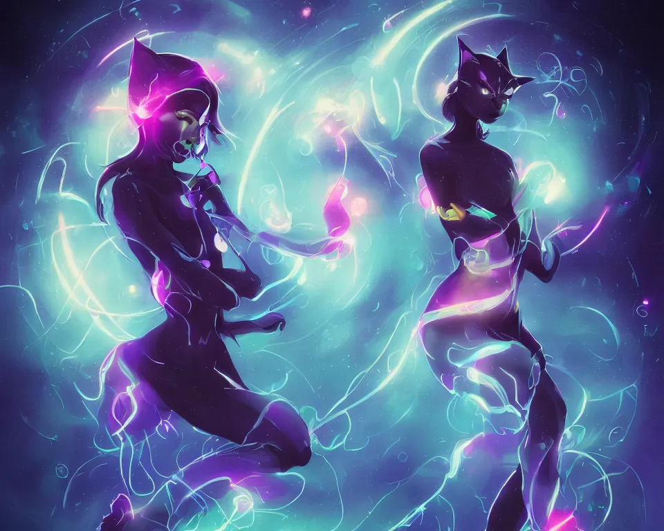 Image similar to beautiful whimsical cat woman standing in a lake in the moonlight, using magic, under a multi-colored binary blackhole with an accretion disc, glowing trails following her arms, wearing professional makeup, acidwave, by Lois van Baarle, by Greg Rutkowski, by artgerm, by beeple, by studio ghibli, cinematic angle, volumetric lighting, 4k resolution, octane render, trending on artstation, masterpiece