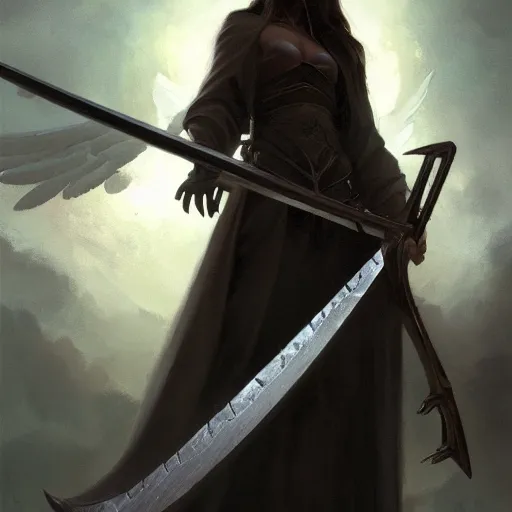 Image similar to a portrait of a beautiful angel of death holding a large scythe by marco bucci and greg rutkowski and frank frazetta, sharp focus, detailed, cinematic, closeup