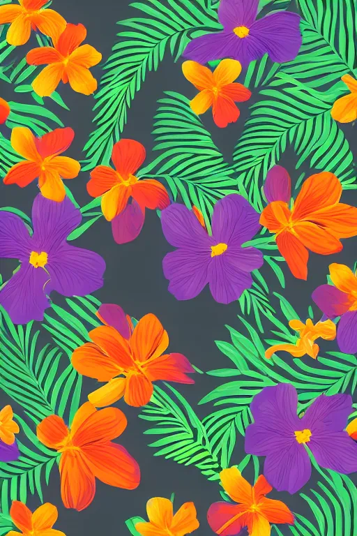 Image similar to moody vector illustration of tropical flowers and green leaves, multiple cohesive colors ranging from warms purples to bright oranges on a ((very dark background)), 4K resolution, HD wallpaper