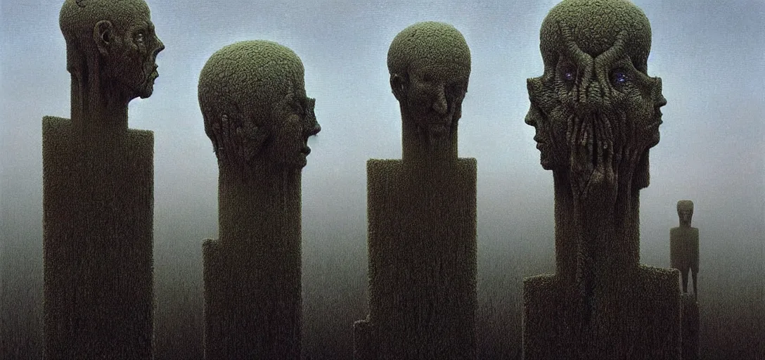 Image similar to highly detailed horror dystopian surreal painting of eerie head statues and buildings by zdzisław beksinski