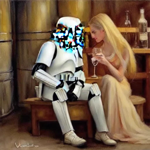 Image similar to stormtrooper and hot blonde drinking wine in a cellar, romantic, cozy, inviting, detailed, beautiful, atmospheric, impressionism, watercolor by vladimir volegov, inspired by ralph mcquarrie