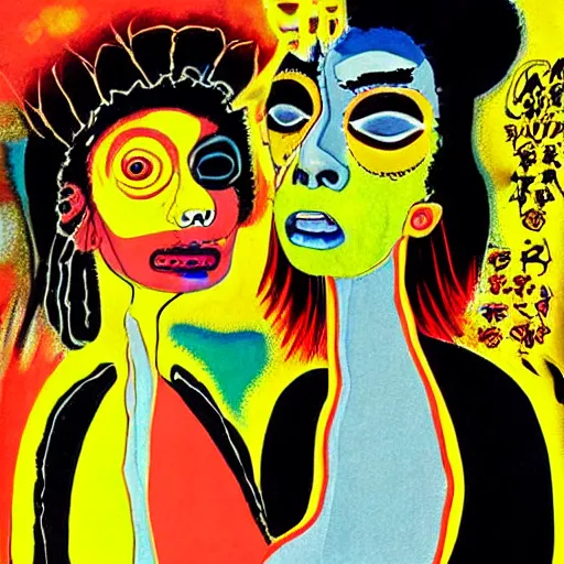 Image similar to beautiful painting of two bizarre psychedelic women kissing each other closeup in japan, speculative evolution, mixed media collage by basquiat and junji ito, magazine collage art, paper collage art, sapphic art, lesbian art