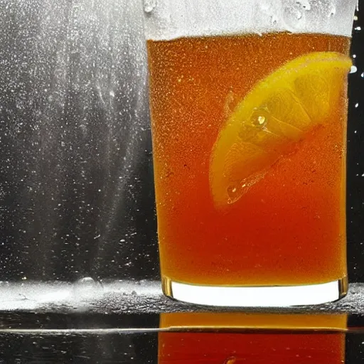 Prompt: award winning photo of a glass of iced tea, with slice of lemon, on a table, sun shining in, condensation on glass, refraction