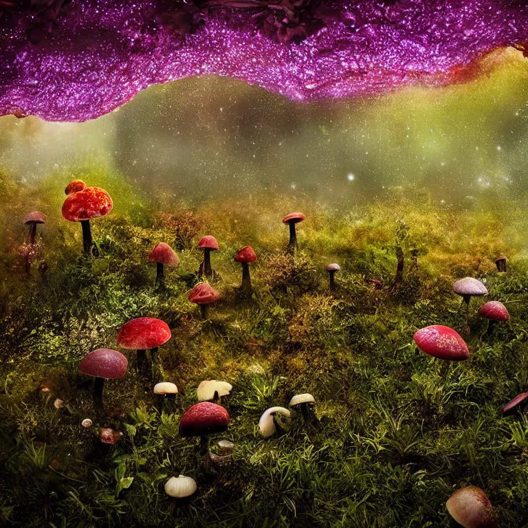 Image similar to a planet of various fungus, mushrooms, flowers and plants, inside the picture is infinity, Atmospheric, artistic photography, conceptual, long exposure outside the city, volumetric light