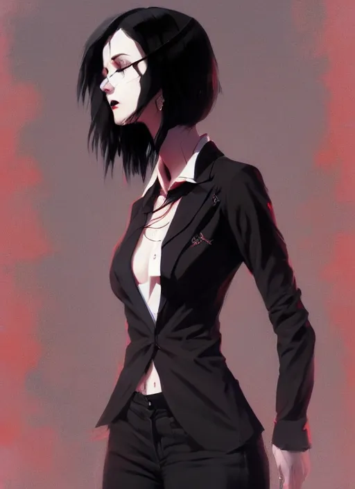 Prompt: ultradetailed beautiful panting of a stylish goth woman wearing a shirt with a tie, dramatic, she has black hair, distressed, by greg rutkowski, james jean, makoto shinkai, ilya kuvshinov, on artstation