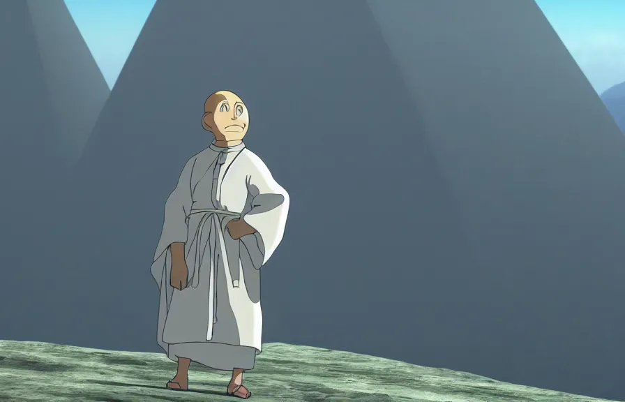 Image similar to a cell - shaded cartoon movie still from howl's moving castle ( 2 0 0 4 ) of a monk in a grey robe. in the background is a white pristine pyramid in the ocean. shafts of sunlight come from above. wide shot, very dull muted colors, hd, 4 k, hq