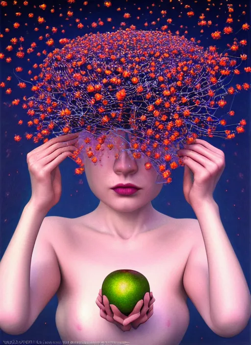 Image similar to hyper detailed 3d render like a Oil painting - Aurora (Singer) Eats of the Strangling Fruit and Her delicate Hands hold of gossamer polyp blossoms bring iridescent fungal flowers whose spores black the foolish stars by Jacek Yerka, Mariusz Lewandowski, Houdini algorithmic generative render, Abstract brush strokes, Masterpiece, Edward Hopper and James Gilleard, Zdzislaw Beksinski, Mark Ryden, Wolfgang Lettl, hints of Yayoi Kasuma, octane render, 8k