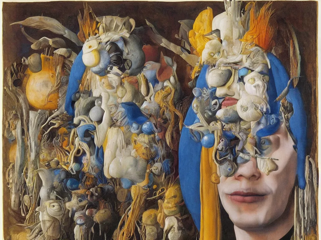 Prompt: Portrait of albino mystic with blue eyes, with totemic archaic mask made from Quartz. Painting by Jan van Eyck, Audubon, Rene Magritte, Agnes Pelton, Max Ernst, Walton Ford