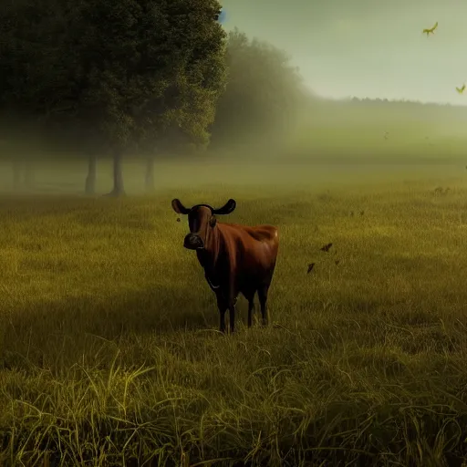 Prompt: a detailed matte painting of a cow standing in a grassy field wearing a witch hat, cow wearing hat!!!! viewed in profile, glowing flying insects and fog in the background, black and blue color scheme with gold highlights, in the style of discworld and harry potter, 8 k, octane render