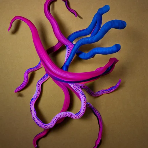 Image similar to cardboard cutout of tentacles, cut out of colored corrugated cardboard, realistic, cardboard cutout, flat, hyperrealistic photography