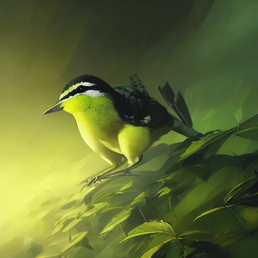 Image similar to green yellow white and black wren, reyezuelo listado, in avila pinewood, 4 k, concept art, by wlop, ilya kuvshinov, artgerm, krenz cushart, greg rutkowski, pixiv. cinematic dramatic atmosphere, sharp focus, volumetric lighting, cinematic lighting, studio quality