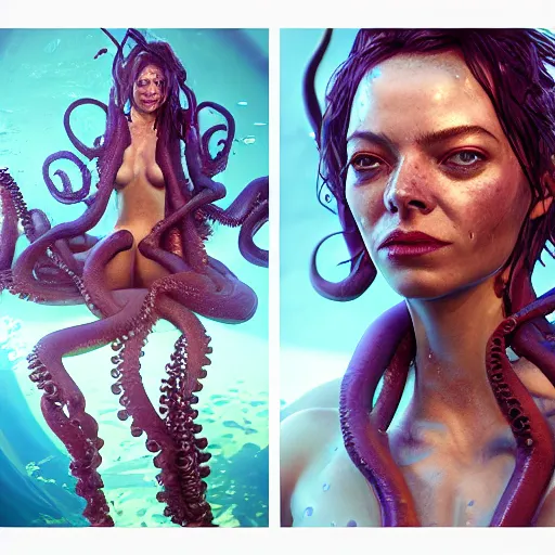 Image similar to underwater biopunk pirate portrait of emma stone, octopus, hyper detailed, digital art, trending in artstation, cinematic lighting, studio quality, smooth render, unreal engine 5 rendered, octane rendered, art style by klimt and nixeu and ian sprigger and wlop and krenz cushart.