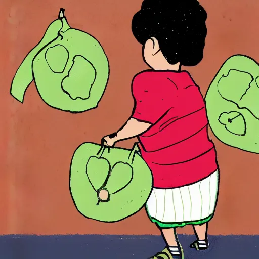 Image similar to an illustration of a child holding a bag of apples math problem