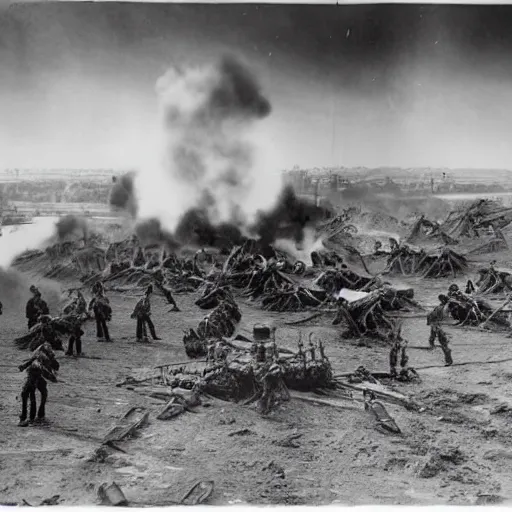 Image similar to martian invasion, world war 1, black and white photograph