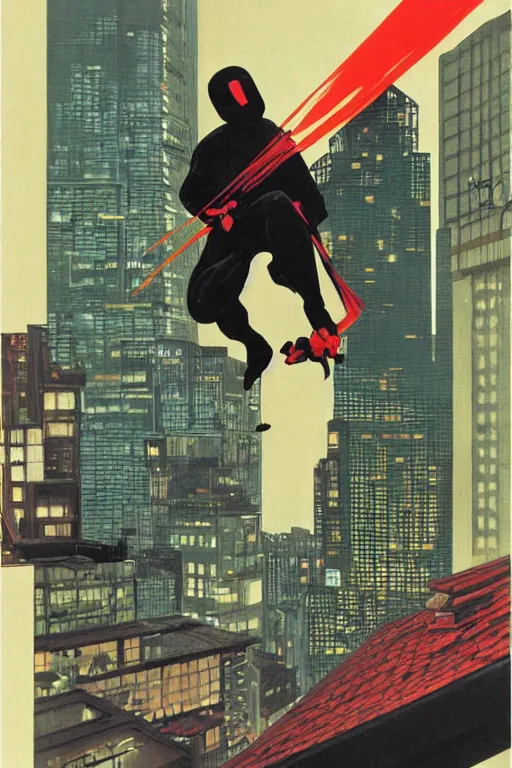 Prompt: a ninja jumping from the roof on a rainy night by syd mead, boneface, kevin eastman