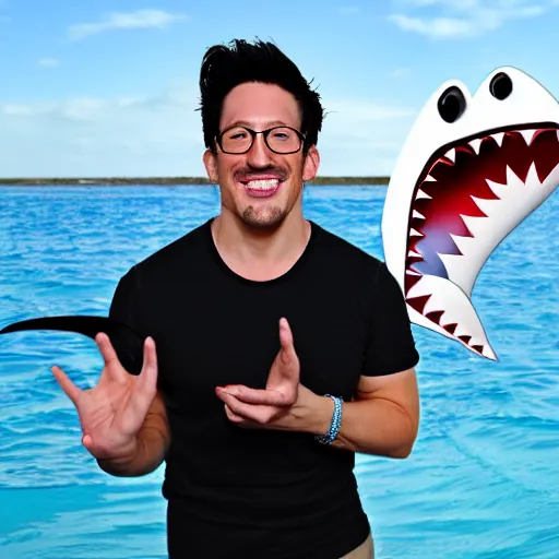 Image similar to markiplier with shark fins