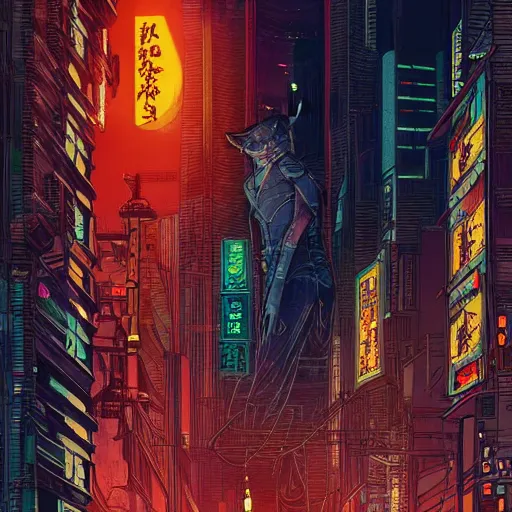 Image similar to high detailed cat in a cyberpunk city at night with a torii in the background by Josan Gonzalez, high quality, 4K, UHD, trending on ArtStation, blade runner vibes, ghost in the shell, akira, dorohedoro