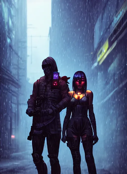 Image similar to cyberpunk warrior couple , raining, in an alley at night back lit, by webang111 and Maciej Kuciara and Ilya Kuvshinov, trending on artstation