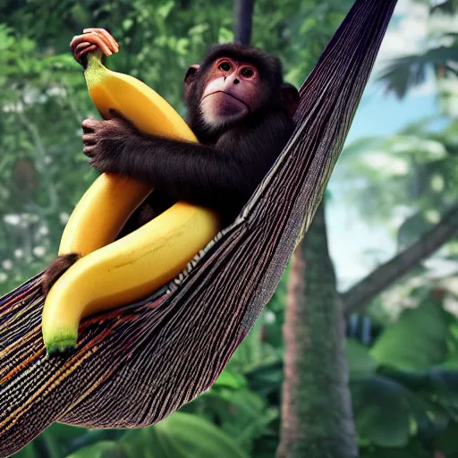 Image similar to digital art of a monkey laying in a hammock eating a banana, octane render, 8 k render, saturated, dynamic lighting