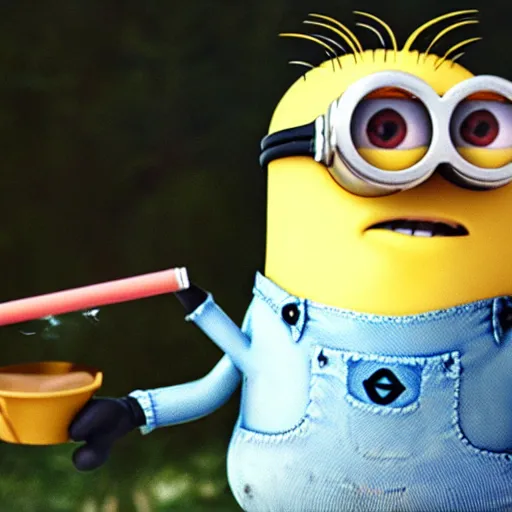 Image similar to photograph of minion from despicable me smoking a bong at woodstock, close - up shot, circa 1 9 6 9