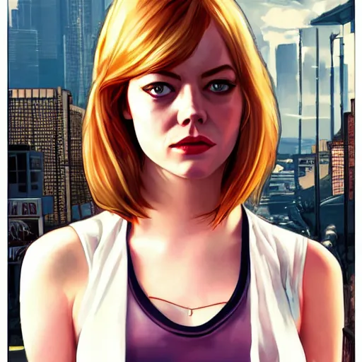 Image similar to emma stone in gta v, cover art by stephen bliss, artstation, no text