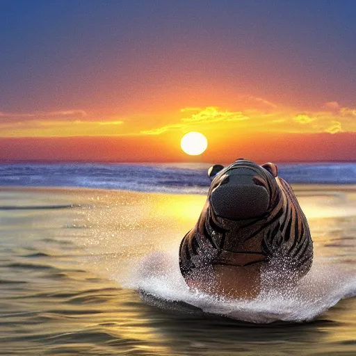 Image similar to a closeup photorealistic photograph of a cute smiling knitted tiger hippopotamus chasing a beachball at sunset. surf in the background. professional capture. this 4 k hd image is trending on artstation, featured on behance, well - rendered, extra crisp, features intricate detail, epic composition and the style of unreal engine.