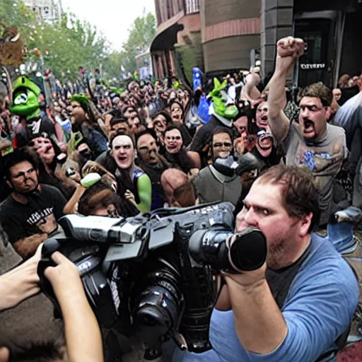 Prompt: shrek rioting, dslr photo, ap news