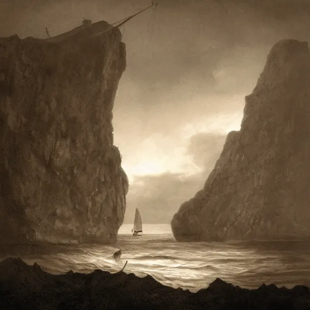 Image similar to photorealistic sepia painting of a 1 9 2 0 s fishing boat sailing in front of a tropical island cliff with the mouth of a grotto at the waterline, dark, brooding, atmospheric, lovecraft, by dave dorman