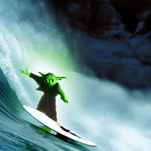 Image similar to stunning awe inspiring yoda surfing, movie still 8 k hdr atmospheric lighting