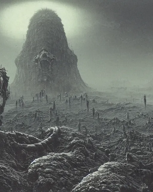 Prompt: group of scientists around giant dead kaiju, retrofuturism sci - fi old movie, highly detailed, photorealistic, 8 k, by beksinski and stalenhag