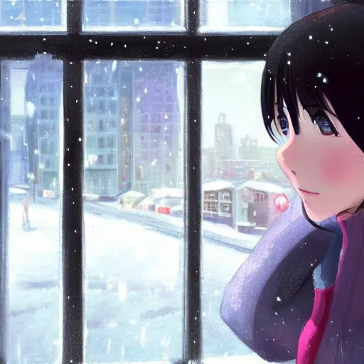 Image similar to Anime painting of a black haired girl wearing headphones looking out of the window into the snowy cold city while studying in her warm cozy home, by makoto shinkai, relaxed, calm, trending on artstation, kimi no na wa