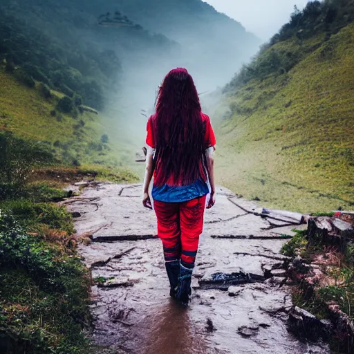 Image similar to define the character of a beautiful girl, messy long red hair, messy wet grey tribal clothes, short torn up pants, she is walking on a mountain and we see down in a deep valley a very poor old shanti town with wooden ruins, medieval time, heavy rain, late at night, mist, cinematic, 8 k,