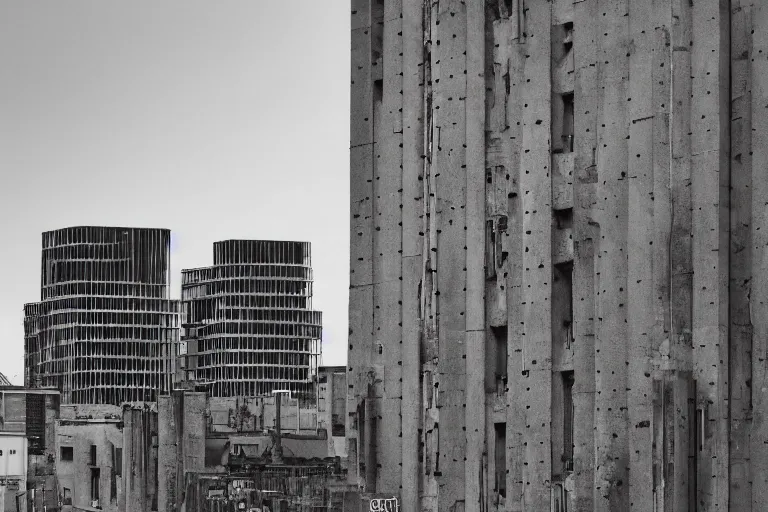 Image similar to streetscape _ a _ towering _ cathedral _ of _ brutalist _ ar chitecture _ buildings _ covered _ with _ greebles _ stun ning _ volumetric _ light _ sunset _ metal _ concrete _ an