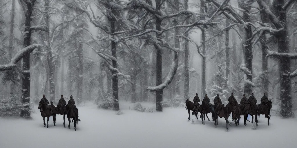 Image similar to a cinematic movie still render of ww 2 1 9 4 3 soldiers on horse back in a snowy forest of dead trees, snow covered ww 2 soldiers riding horses through a snow storm in a forest, octane render by greg rutkowski, digital render