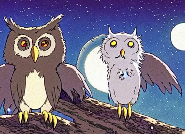 Image similar to a still from a studio ghibli movie of a cartoon owl from princess mononoke ( 1 9 9 7 ) firing laser beams from its eyes in front of a pale full moon, full body, wide shot, very dull muted colors, studio ghibli, highly detailed, deviantart, art by artgem