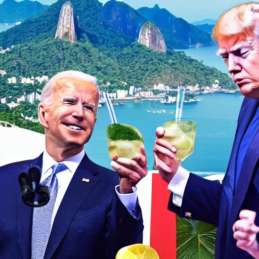 Prompt: realistic 4k image of Biden and Trump together drinking a caipirinha drink with Rio de Janeiro Corcovado on the background