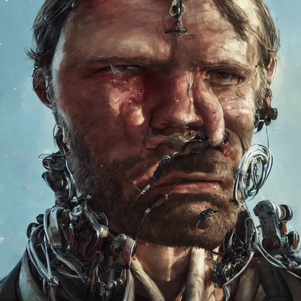 Image similar to a single close-up portrait of Arthur Morgan from Red Dead Redemption as a cyborg, barely human and largely biomechanical machine, hyper-realistic cyberpunk style, Peter Mohrbacher Takayuki Takeya moody, face by Yanjun Cheng, Irakli Nadar, dramatic cinematic lighting rendered by octane, 8k, detailed, intricate, clean and textures, trending on artstation, deviantart google images, pinterest