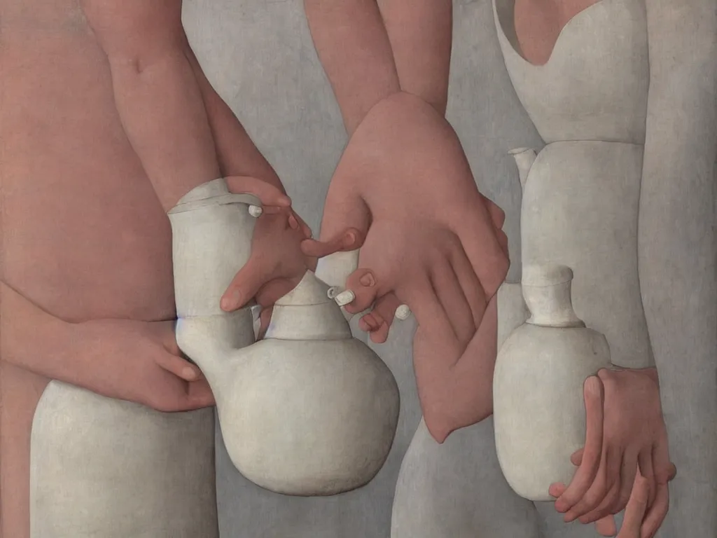 Prompt: Close up of delicate hands holding a white water jug, nipple, dress, lily. Painting by Alex Colville, Piero della Francesca, Morandi