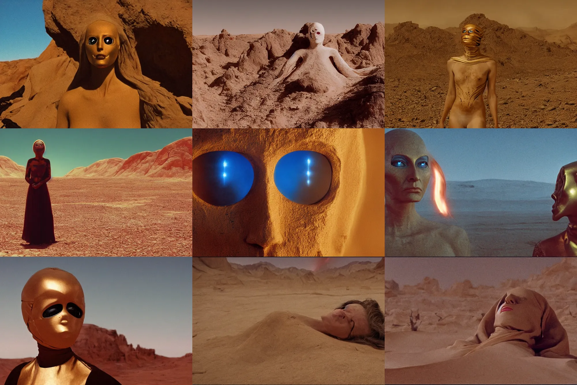 Prompt: the portrait of bene gesserit in full - face golden glowing masks seeing the exploding of energy and death of planet in the rocky desert landscape, film still from the movie directed by alejandro jodorowsky with cinematogrophy of christopher doyle and art direction by hans giger, anamorphic lens, kodakchrome, cinematic composition, very detailed photo, 8 k,