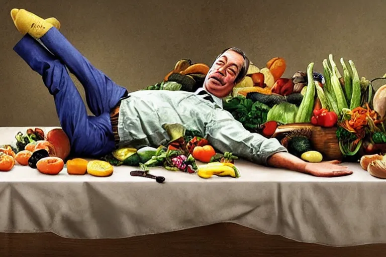 Prompt: nigel farage laying on top of vegetables on a table, a bronze sculpture by jeff a. menges, trending on pinterest, hyperrealism, hyper - realistic, hyper realism, playstation 5 screenshot