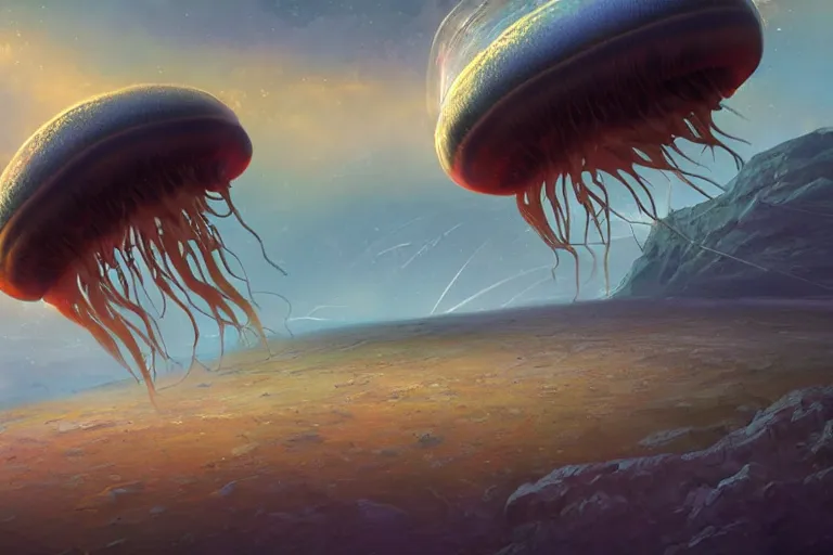 Image similar to alien jellyfish on the landscape of jupiter, artstation