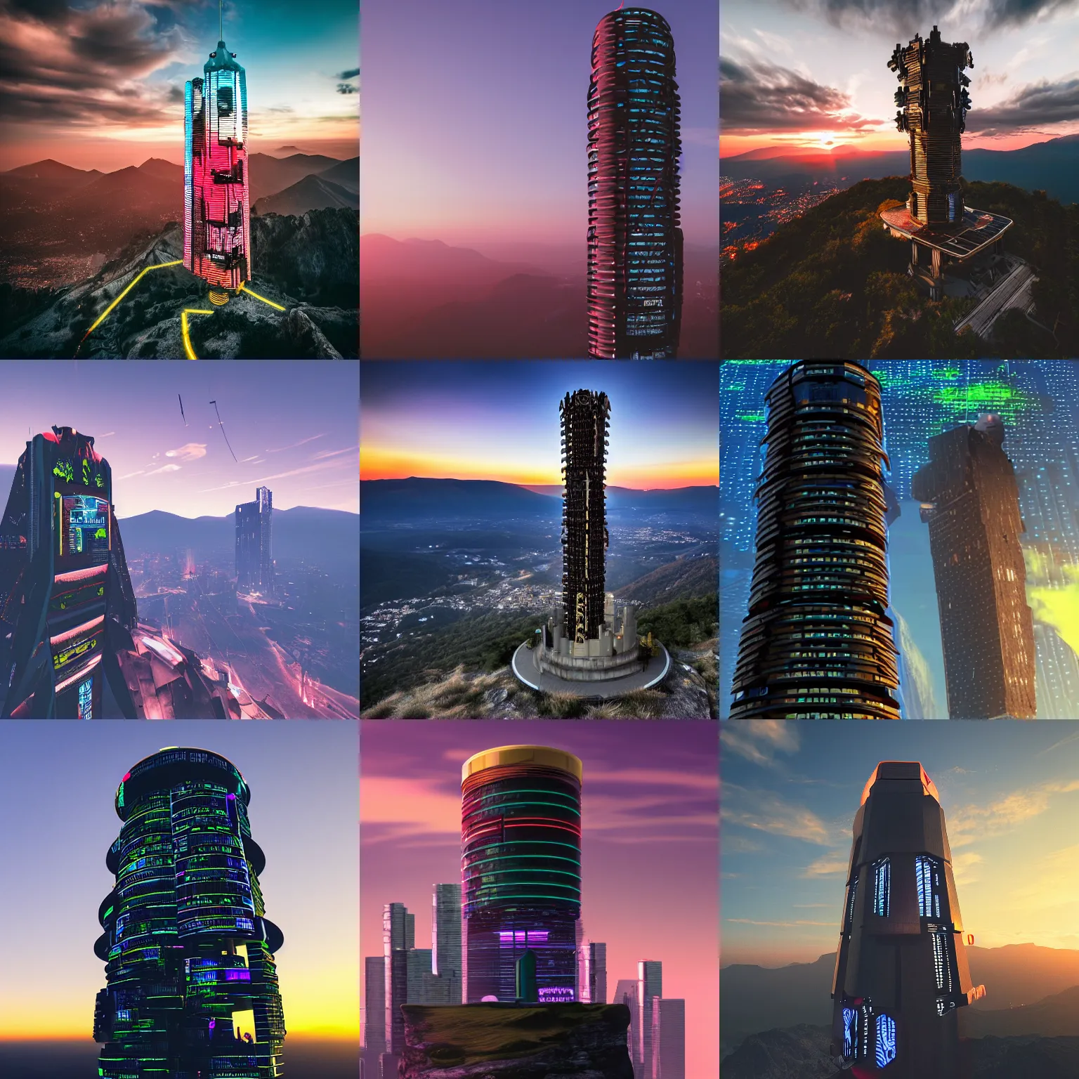 Prompt: cyberpunk tower on top of a mountain at sunset