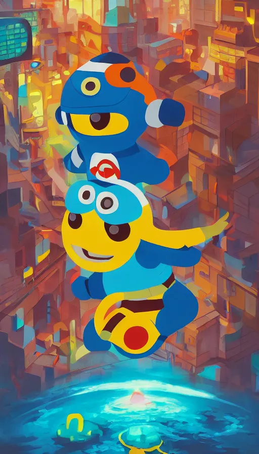 Image similar to painting of giant pororo attacking city, retrofuturism, behance, bold colors and shapes, trending on artstation